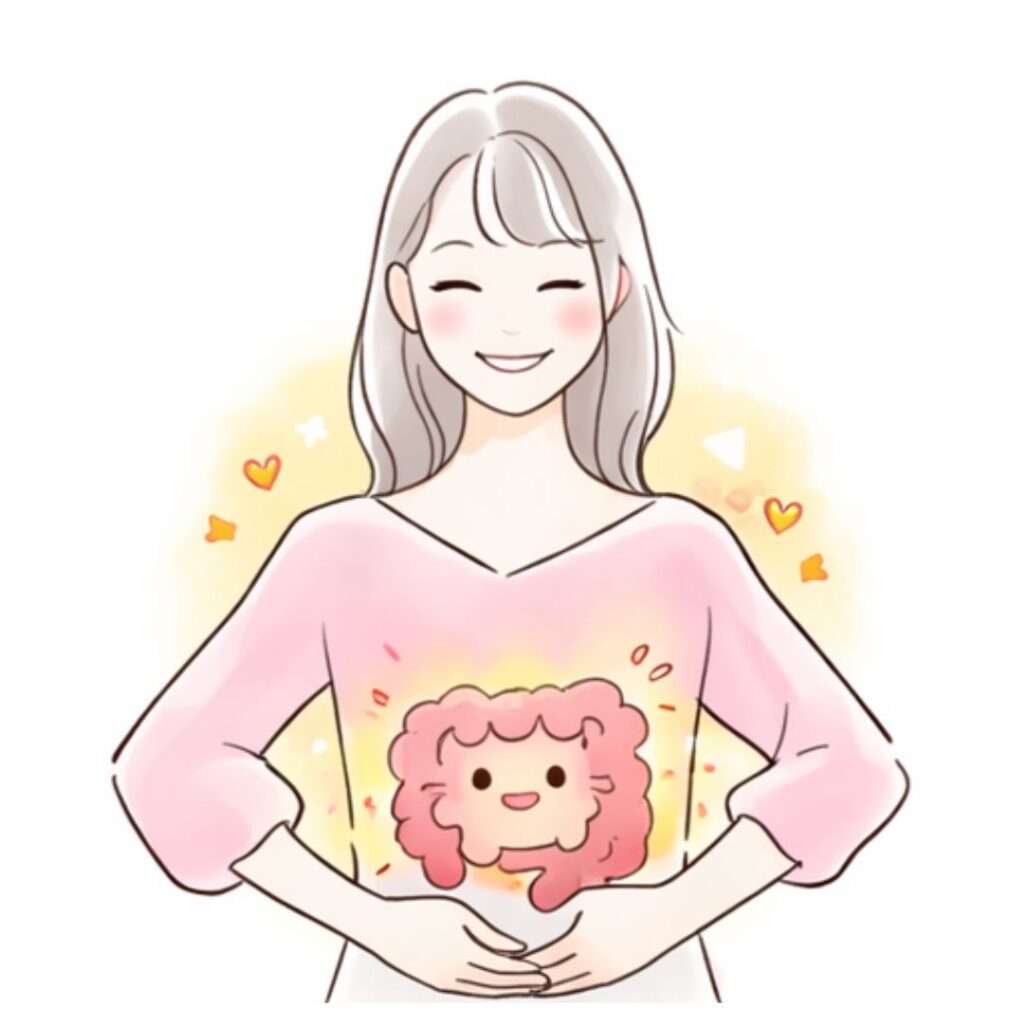 腸漏れ（リーキガット症候群）のセルフチェックと腸ケアを伝える女性イラスト｜ほどよい堂