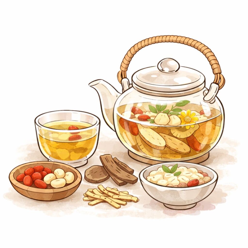 ほどよい堂の薬膳茶オリジナルブレンドを楽しむ、薬膳素材入りティーポットのイラスト