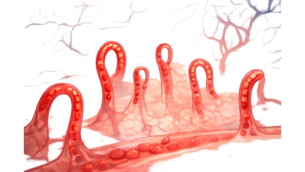 毛細血管の内部構造と血流の様子を表現した拡大イメージ