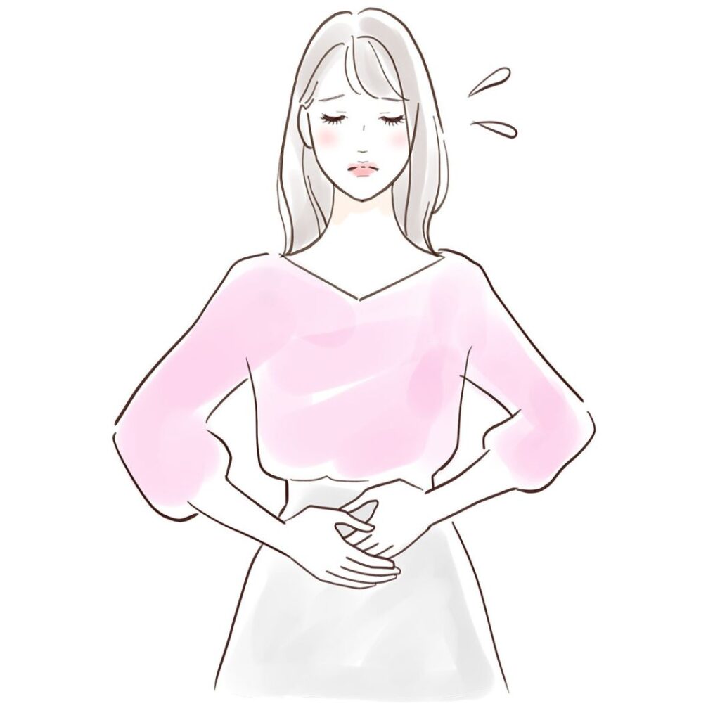 お腹の不調に悩む女性が漢方相談で体質改善を目指す無料オンライン相談のイラスト