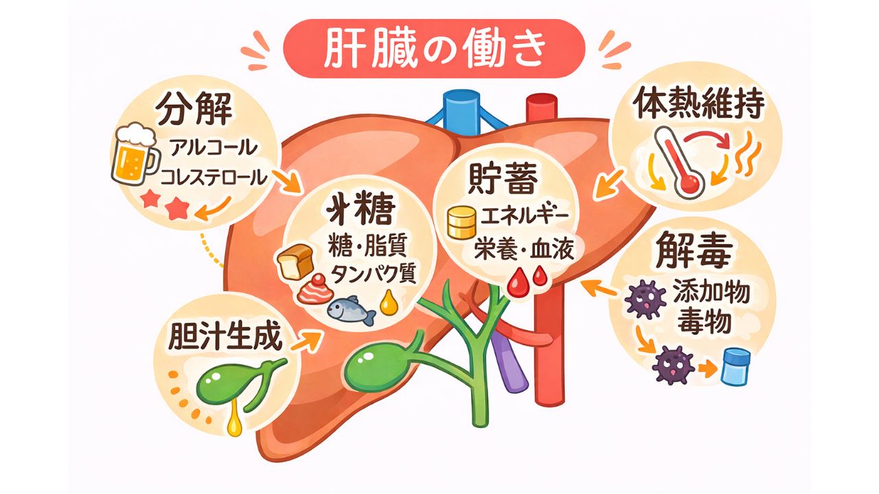 肝臓の働き(代謝・胆汁・解毒・合成)のイメージ