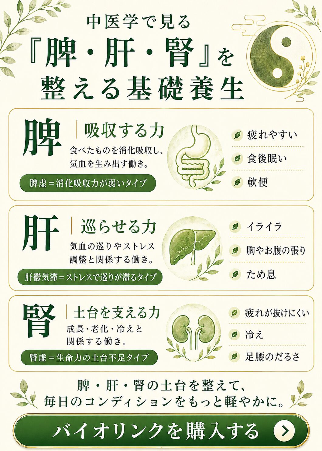 中医学で見るバイオリンク 脾 肝 腎と腸活のバランス