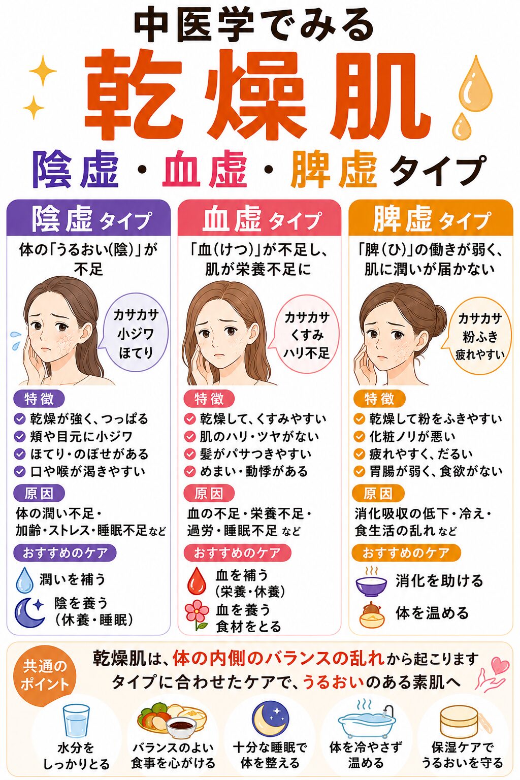 乾燥肌タイプと養生ガイド|グルコシルセラミドと中医学の潤いケア