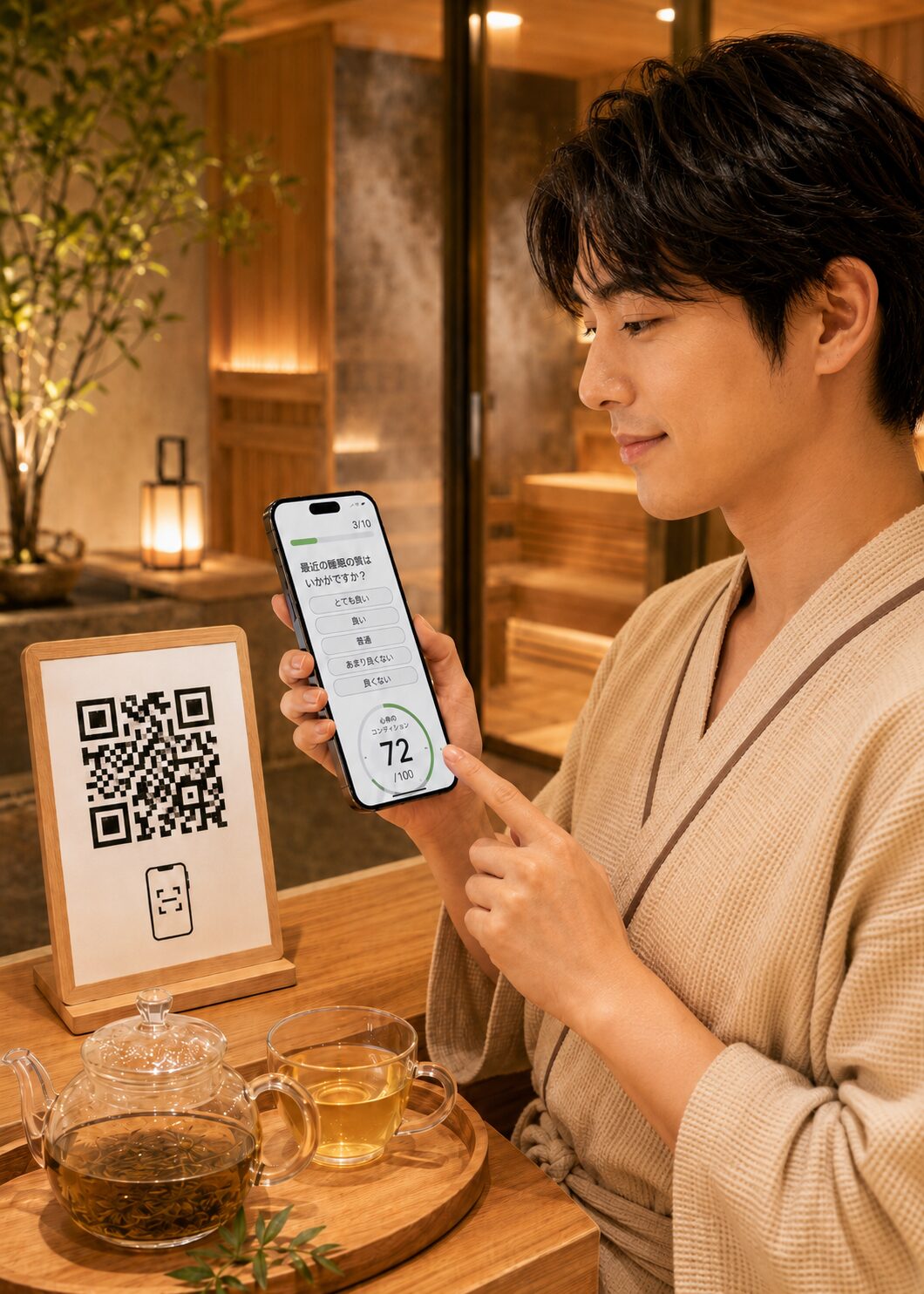 サウナ施設で8種類の薬膳茶の瓶からリーフ茶を選ぶ提供スタイルのイメージ