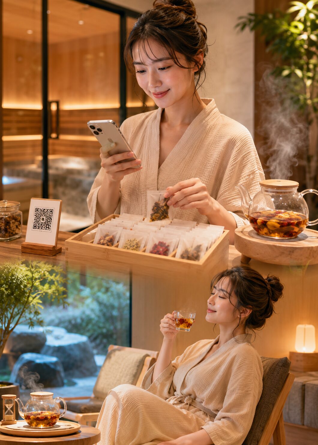 サウナ時に体質別薬膳茶を楽しみ内側から整えるイメージ