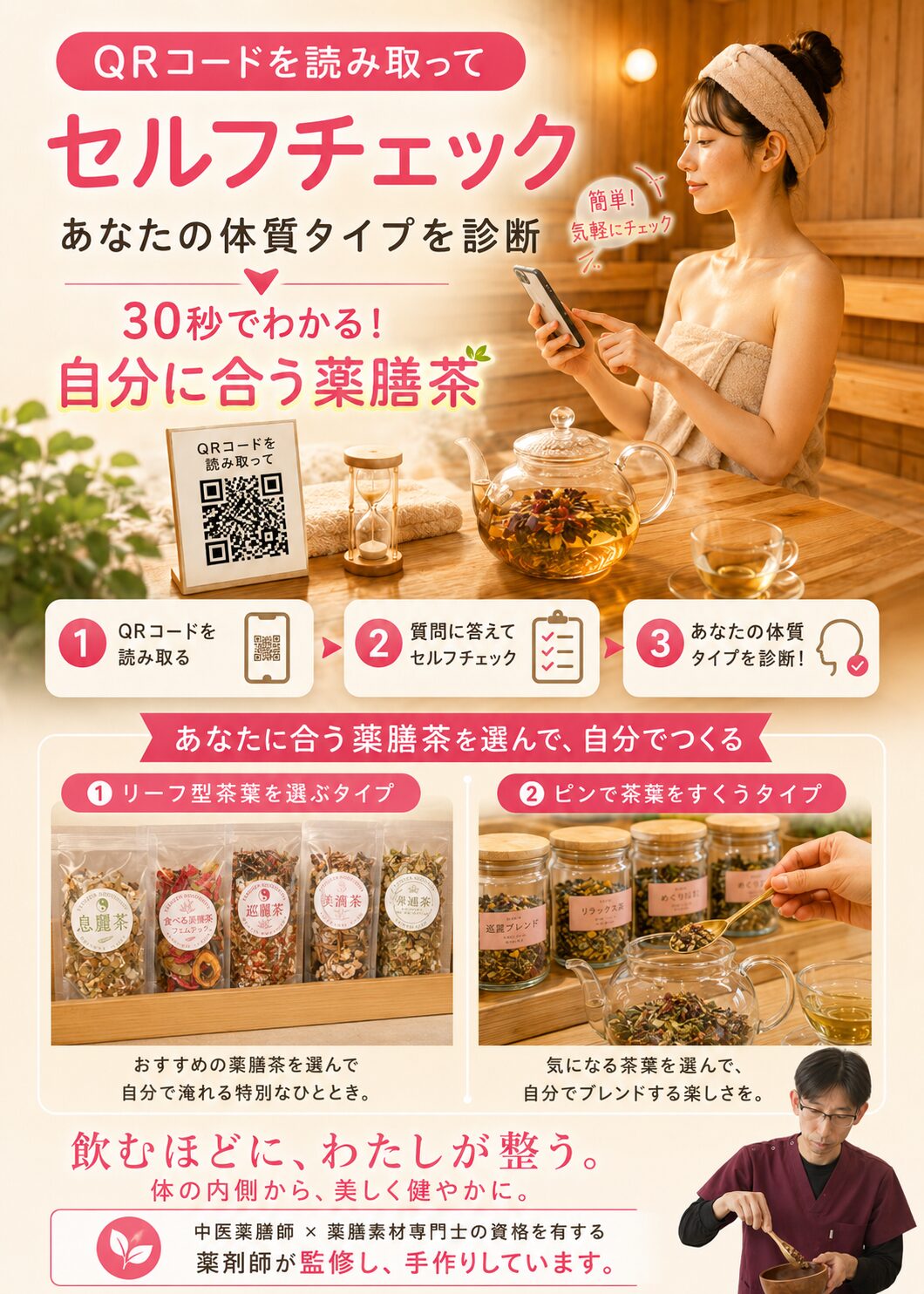 サウナ施設でQRコードを読み取り体質セルフチェックをするお客様のイメージ