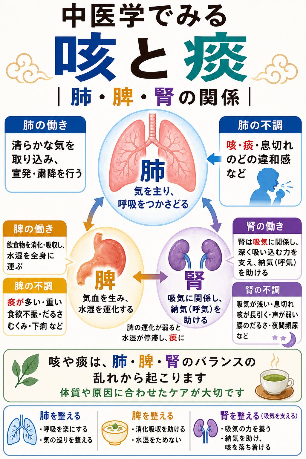 中医学で考える咳と痰の関係。肺・脾・腎と痰が絡む咳の体質解説