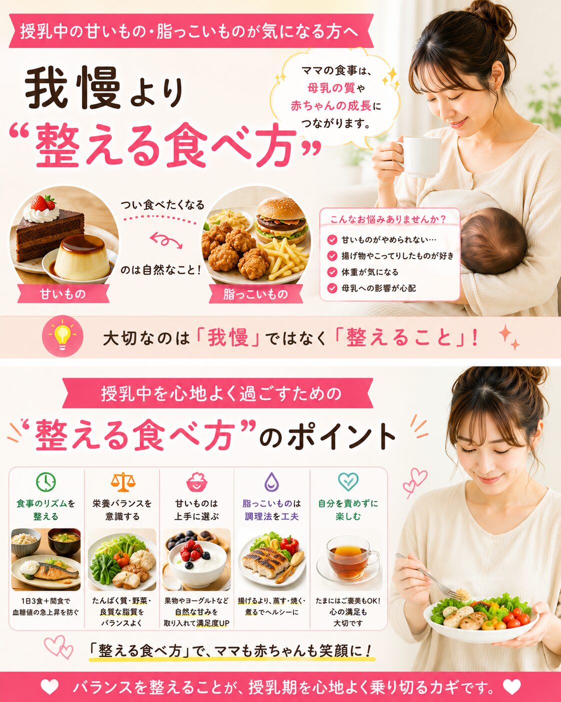 授乳中のママの甘いものや食事バランスを考えるイメージ。温かい味噌汁、野菜スープ、海藻、きのこ、豆類を取り入れた産後の養生食