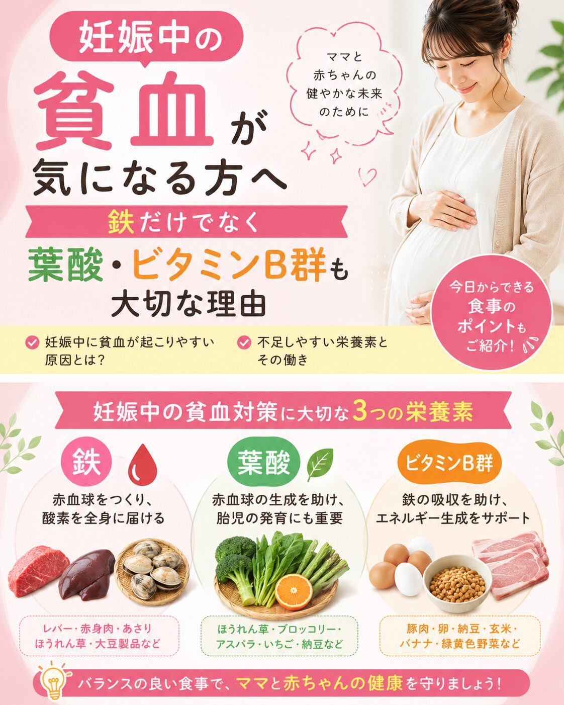 妊娠中の貧血対策は鉄だけでいい?葉酸・ビタミンB12・B6も大切な理由