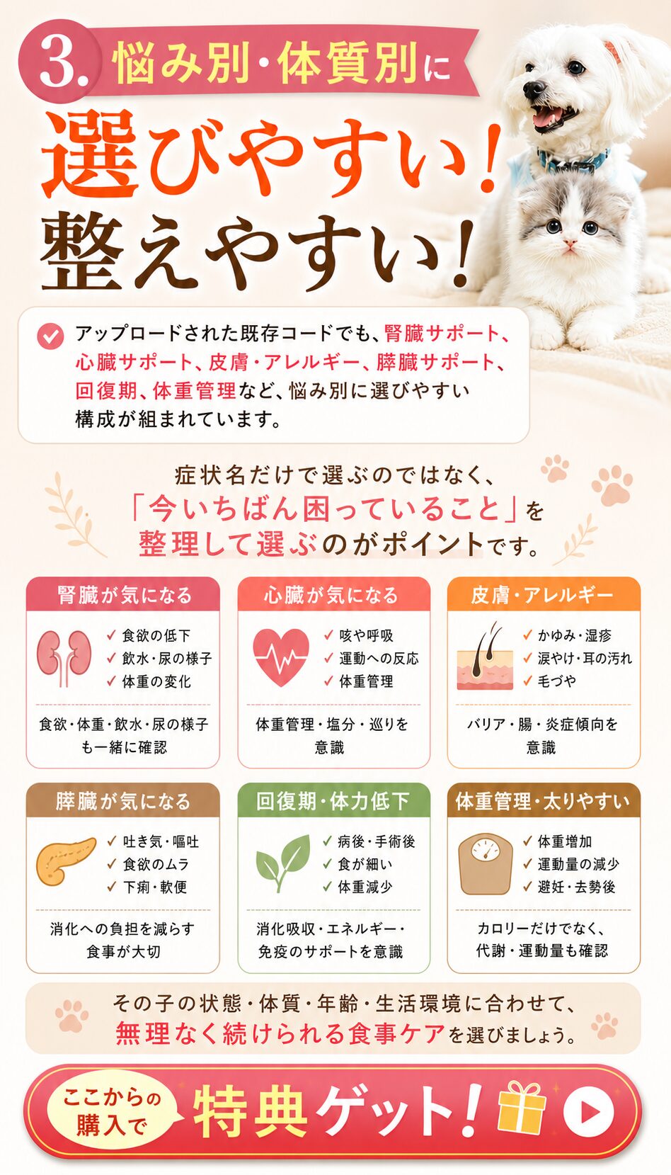 和漢みらいペットフードを悩み別体質別に選びやすく整理した画像