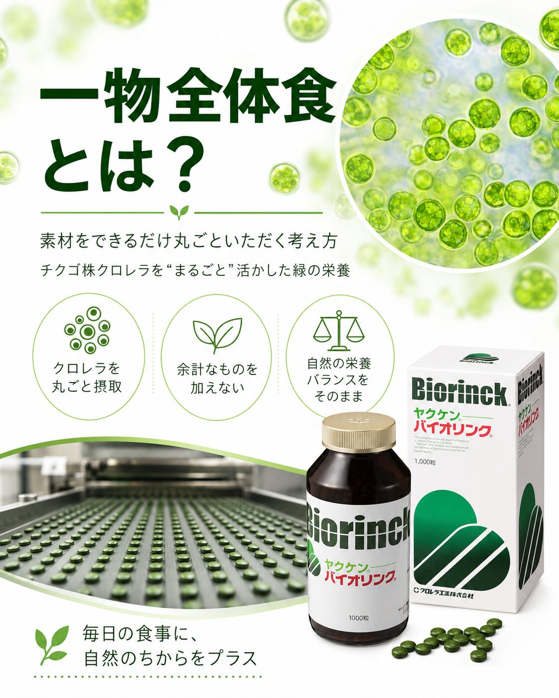 一物全体食としてチクゴ株クロレラをまるごと活かした緑の栄養イメージ