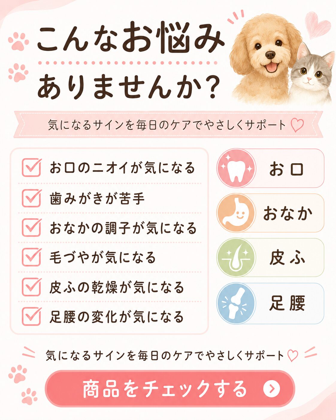 犬猫のお口・おなか・皮ふ・足腰のお悩みチェックリスト