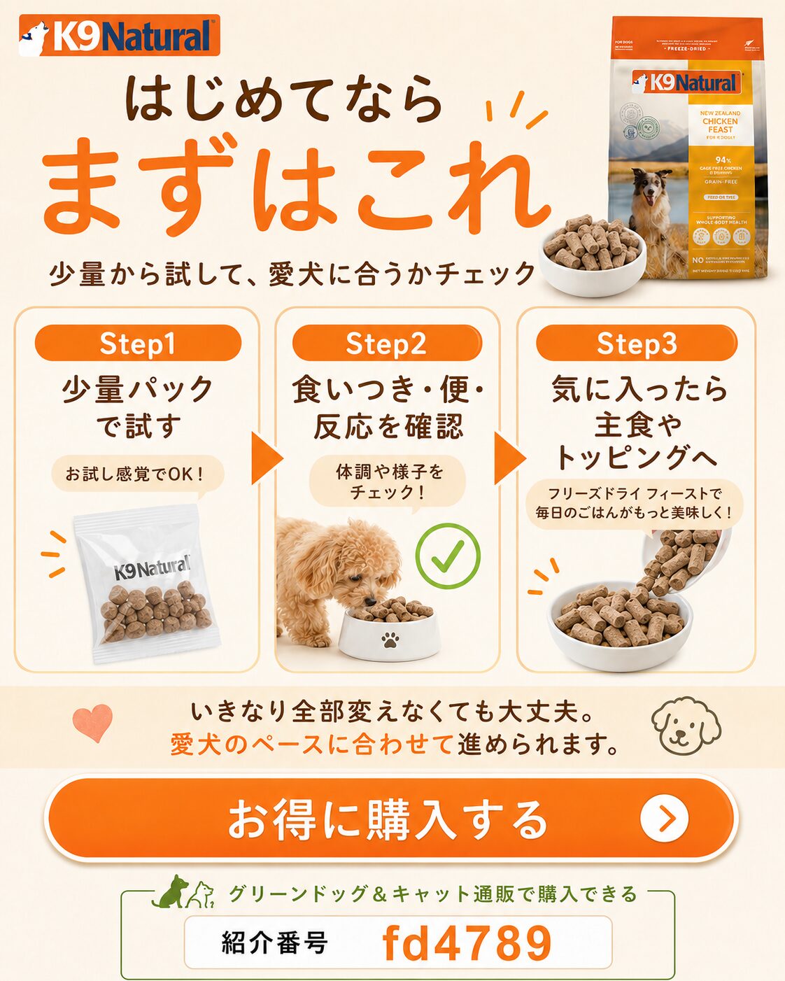 K9ナチュラルを少量パックから試す3ステップ
