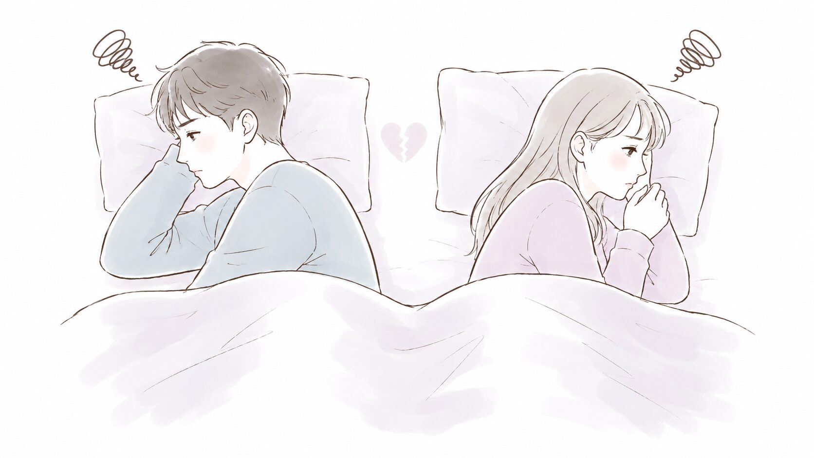 ベッドで背を向けて眠る夫婦のイラスト。女性の性欲低下や夫婦関係の悩みを表す画像