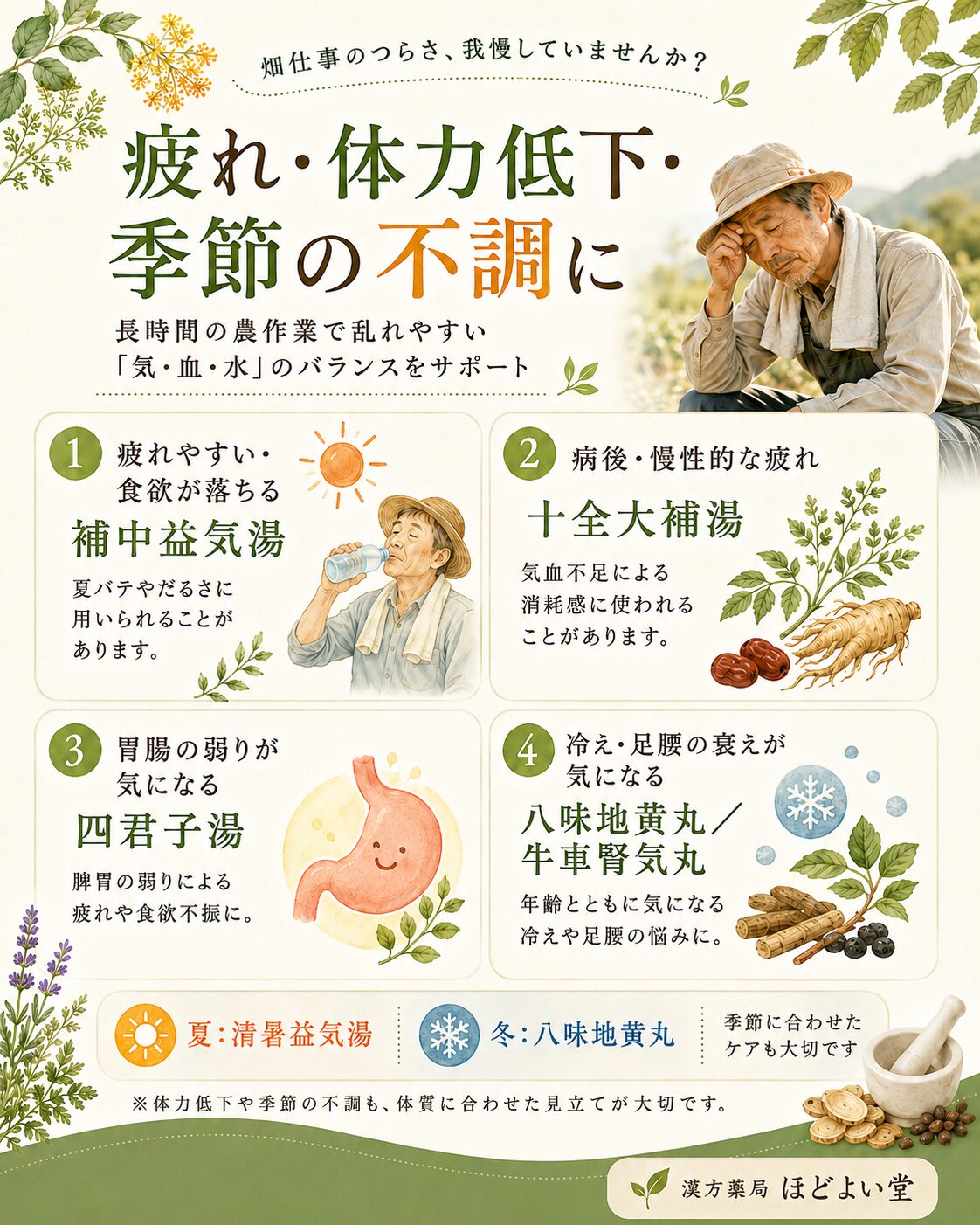 農作業による疲れ 体力低下 季節の不調に用いられる漢方薬の案内