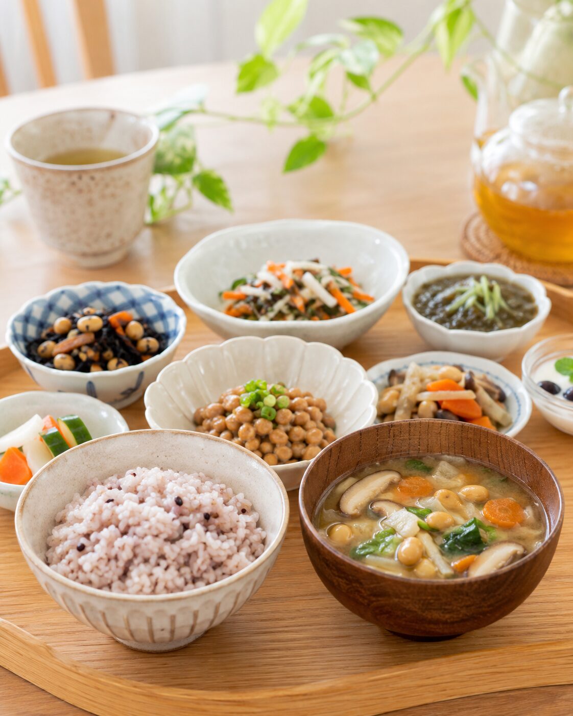 味噌汁、雑穀ご飯、納豆、海藻、きのこ、豆を使った腸活の和食