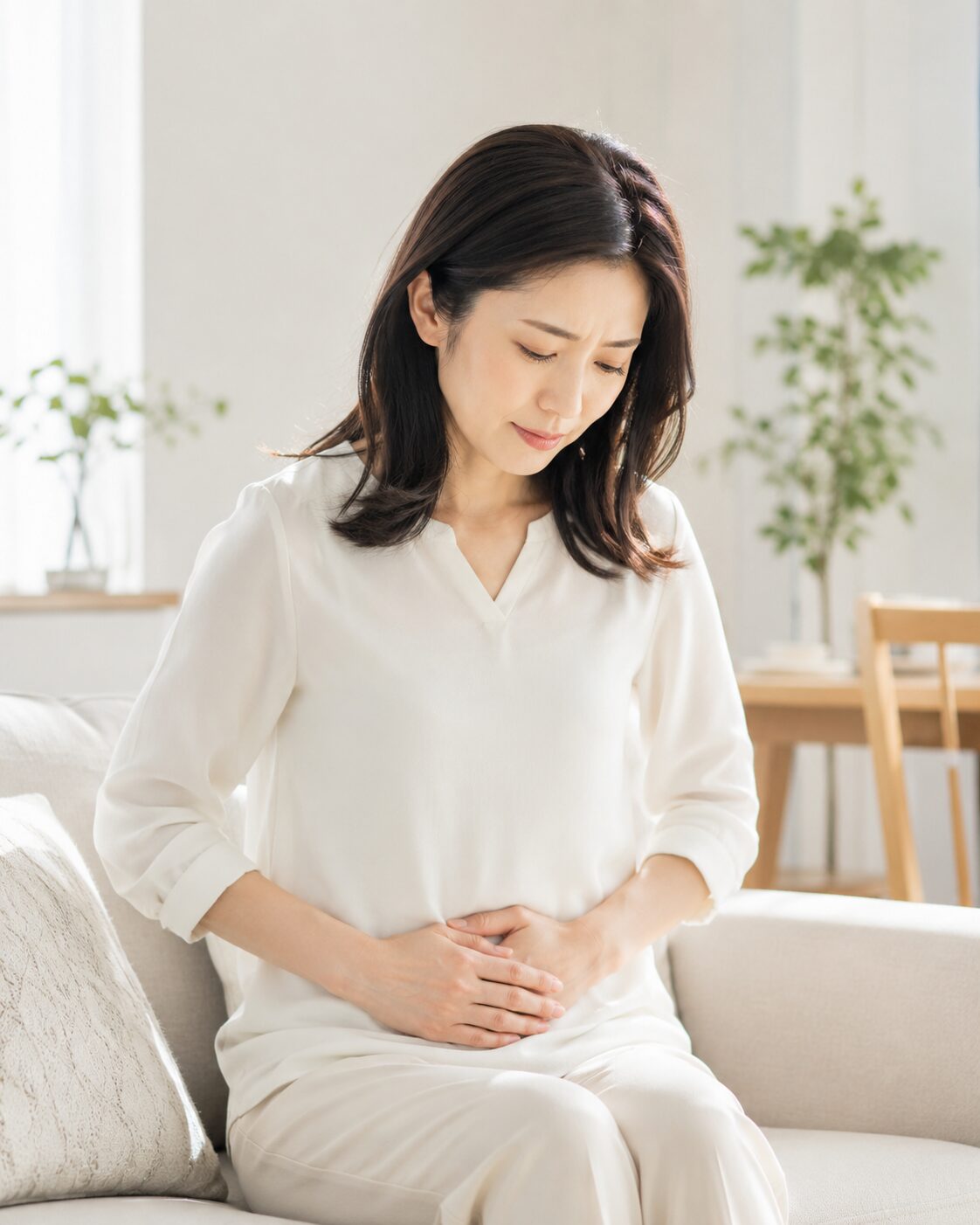 便秘による下腹部の不快感を抱える女性