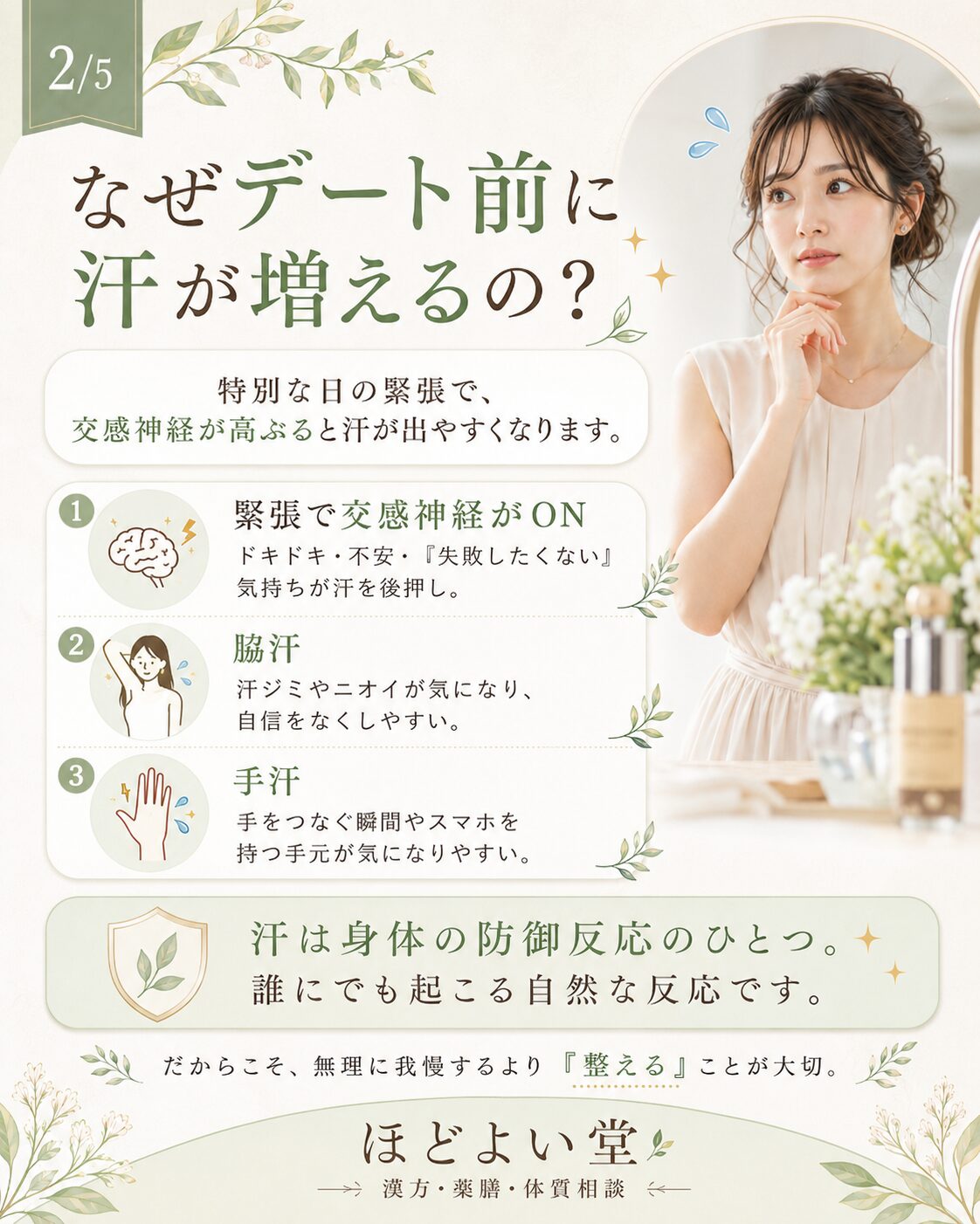 デート前の緊張で交感神経が高まり脇汗や手汗が出やすくなる理由を説明した画像