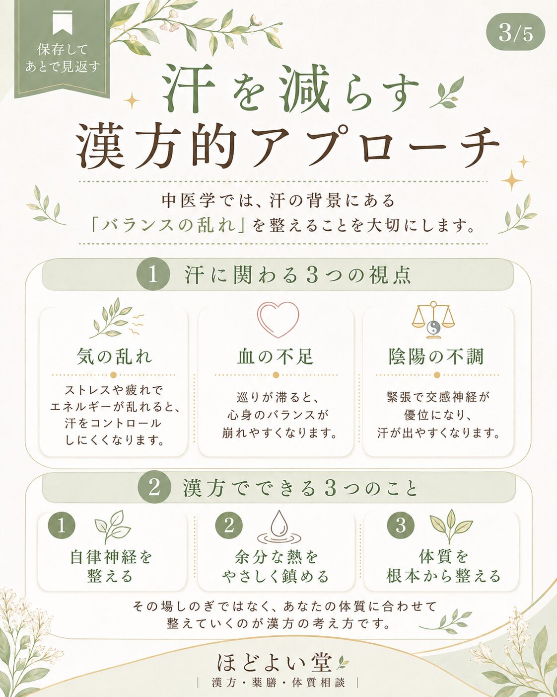 汗を減らす漢方的アプローチとして気の乱れ・血の不足・陰陽の不調を説明した画像
