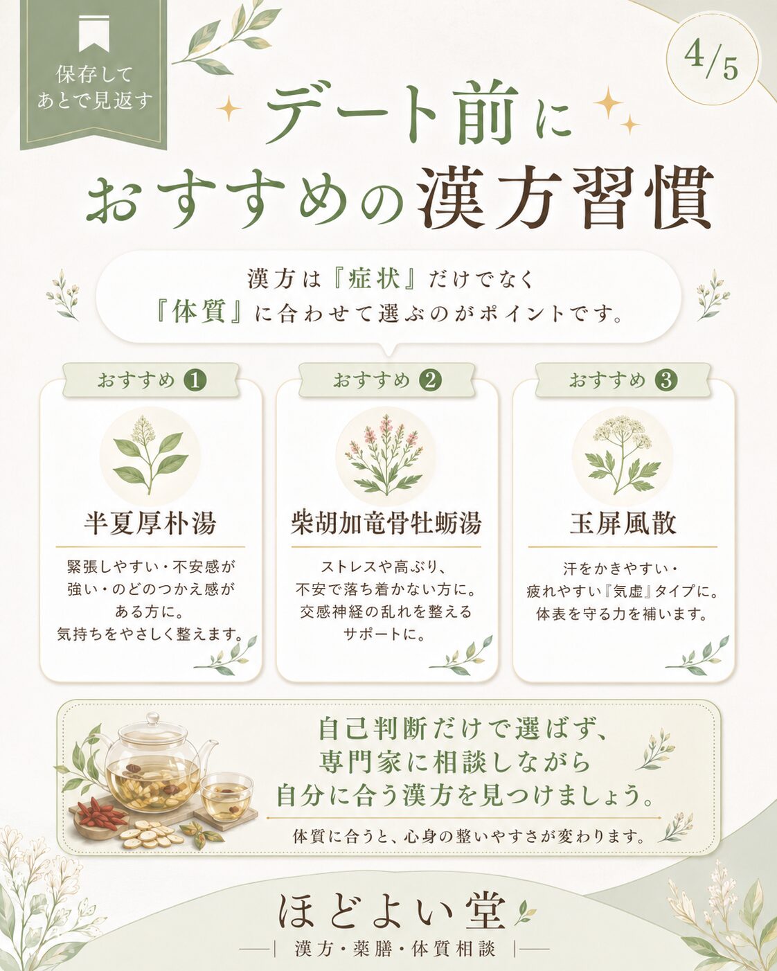 デート前におすすめの漢方習慣として半夏厚朴湯・柴胡加竜骨牡蛎湯・玉屏風散を紹介する画像