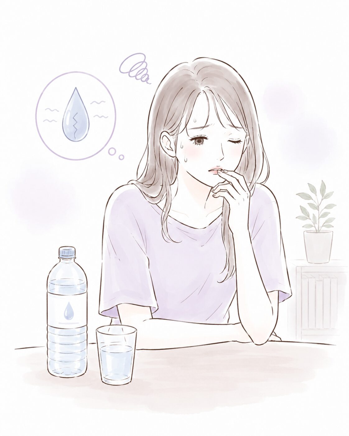 口の渇きとだるさを感じ水分補給を必要とする女性のイラスト