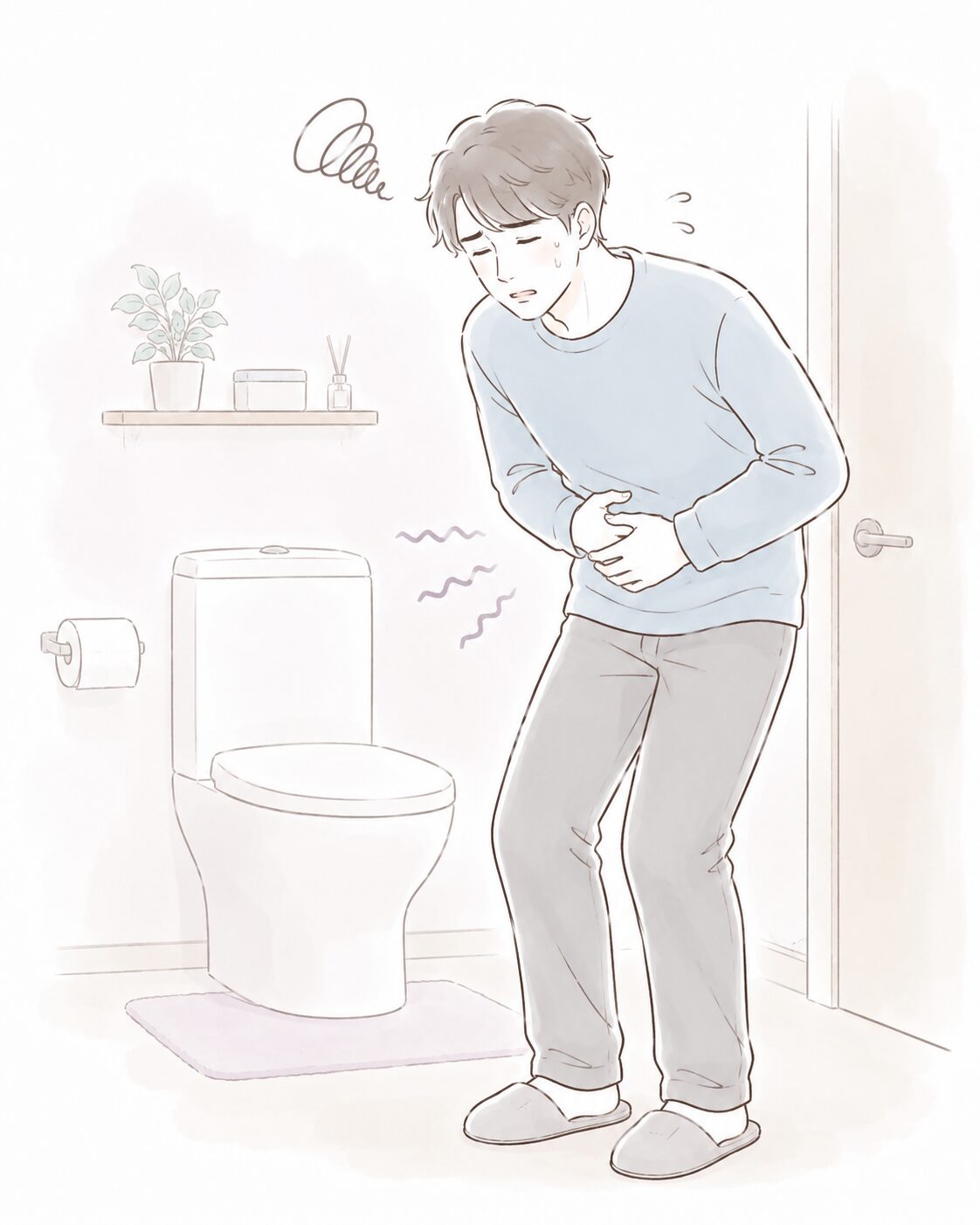 トイレの近くで腹部を押さえ下痢と腹痛に苦しむ男性のイラスト