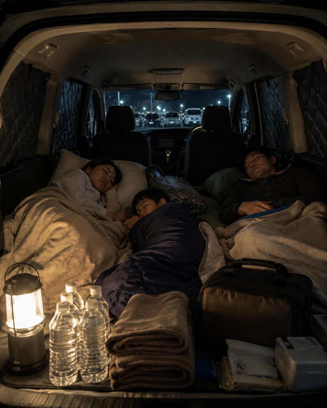 車の荷室を平らにして家族が脚を伸ばして眠る車中泊避難の様子