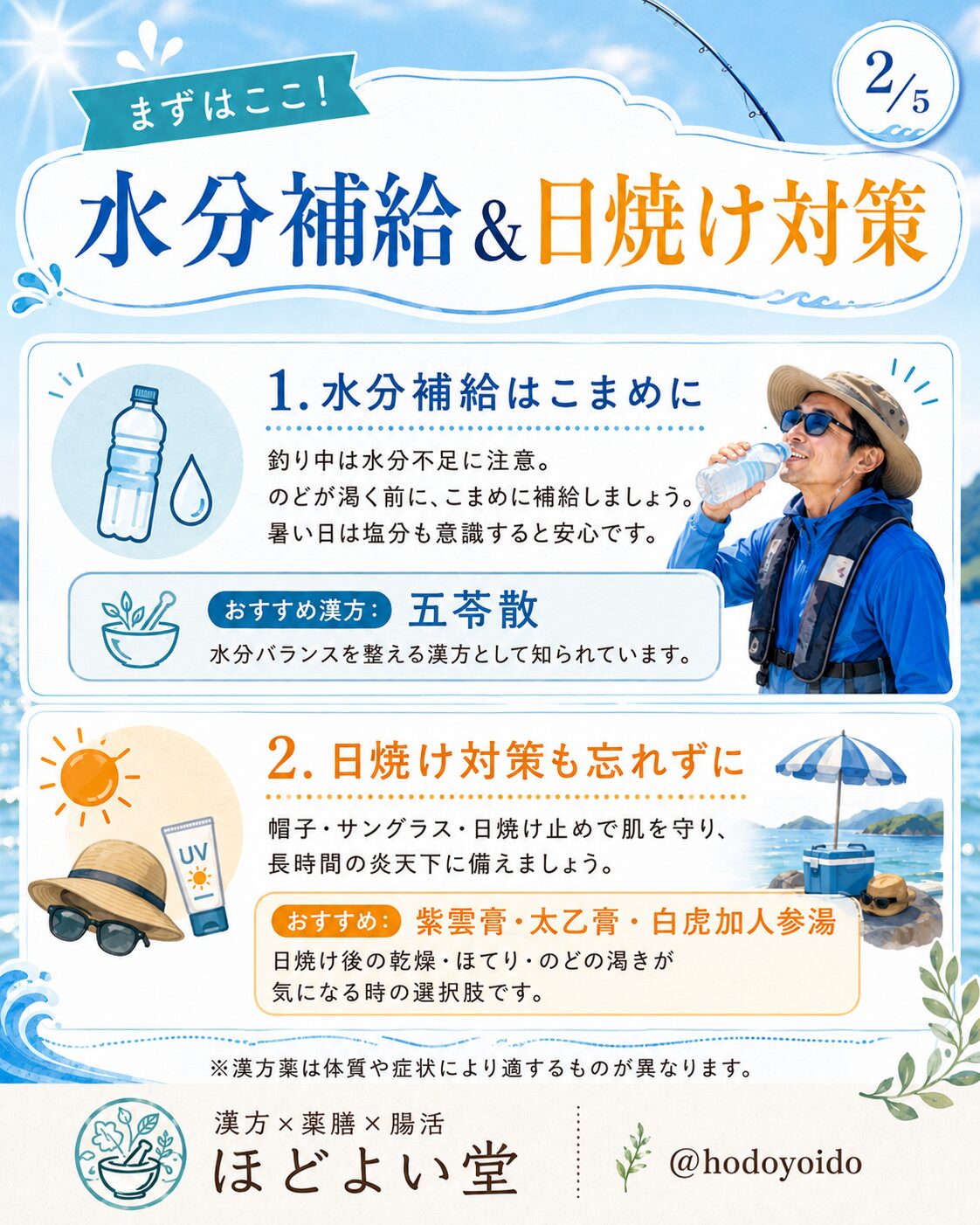 釣りの水分補給と日焼け対策。五苓散、紫雲膏、太乙膏、白虎加人参湯を紹介する画像