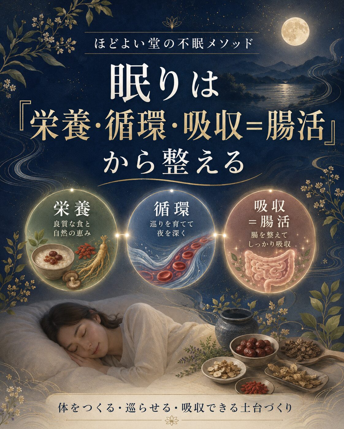 ほどよい堂の不眠メソッド、眠りは栄養・循環・吸収=腸活から整えることを示す画像