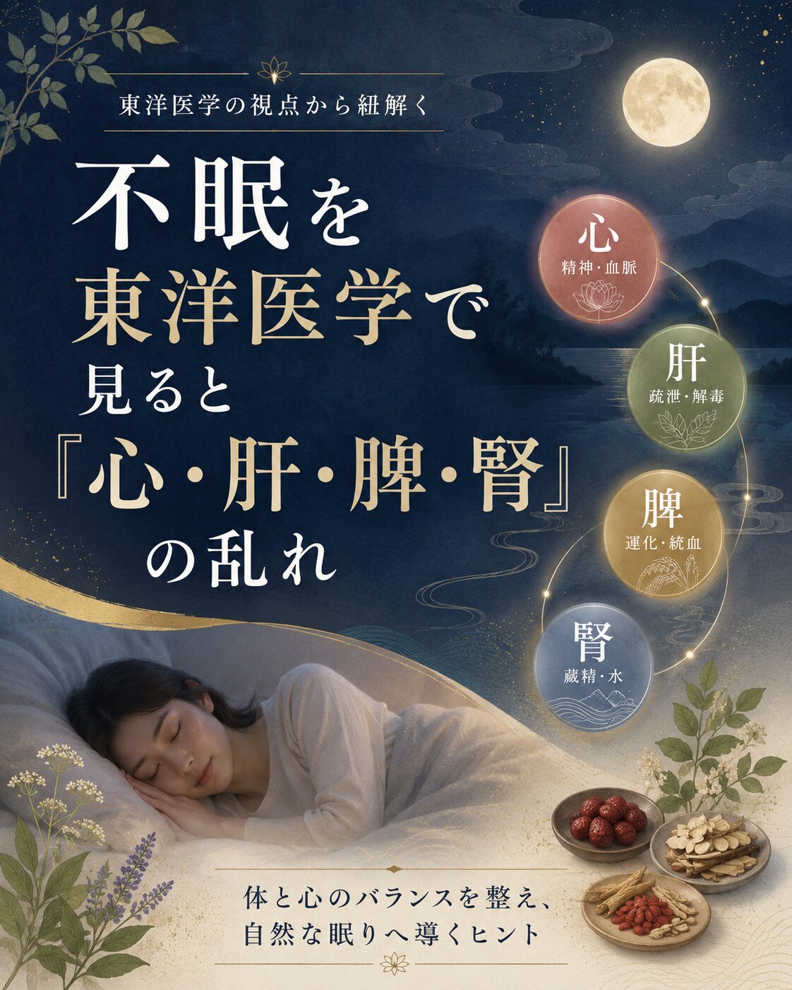 不眠を東洋医学で見ると心・肝・脾・腎の乱れが関係することを示す画像
