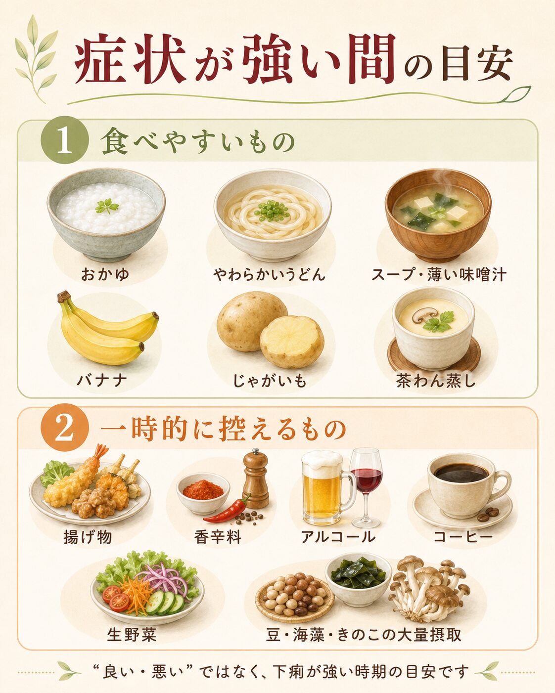 がん治療中に下痢があるときに食べやすい食品と一時的に控える食品
