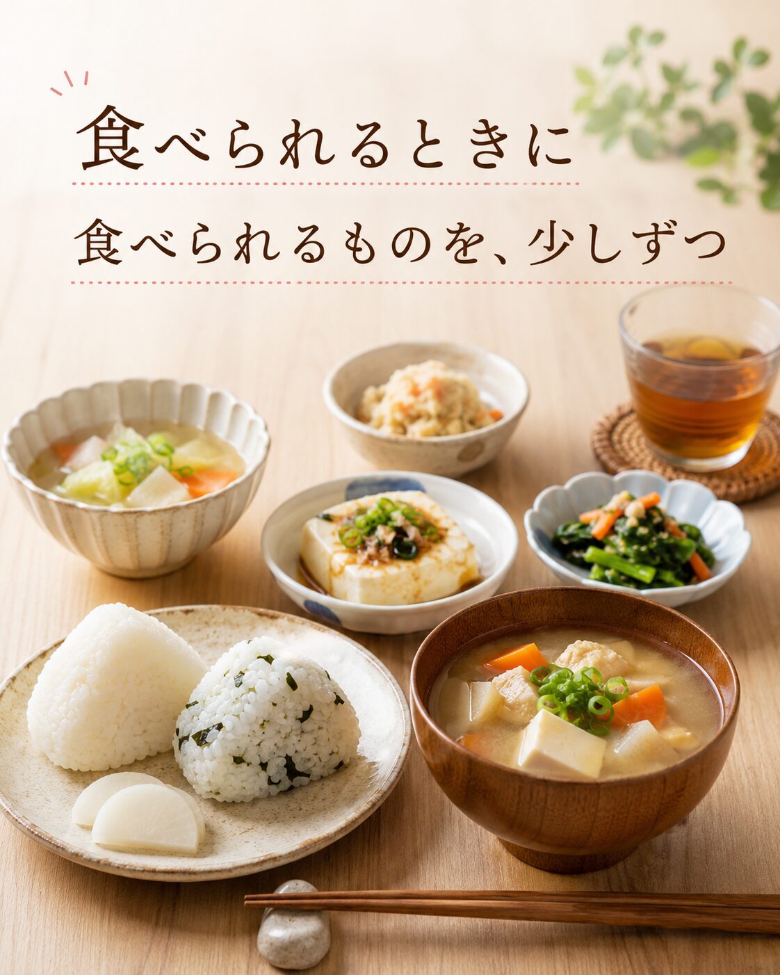 がん治療中に食べやすい少量のご飯と味噌汁とタンパク質