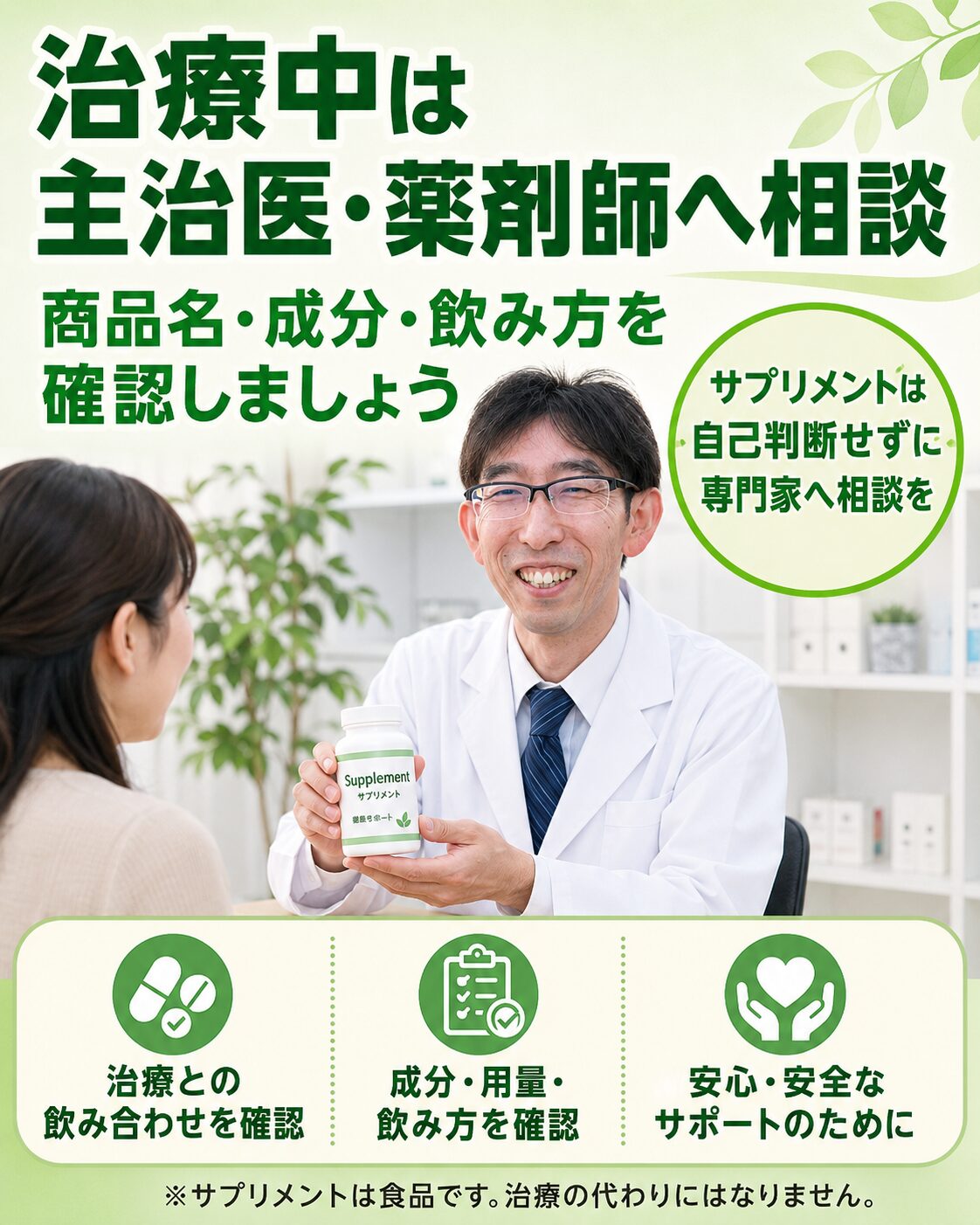 がん治療中のクロレラやサプリメントについて主治医や薬剤師へ相談する様子