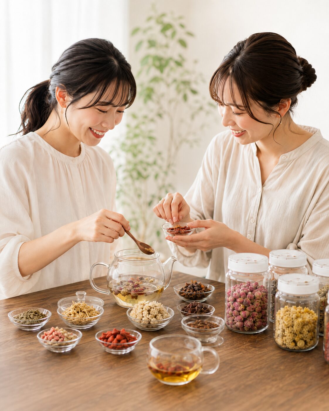 友人と薬膳素材を選びながらオリジナル薬膳茶をブレンドする体験