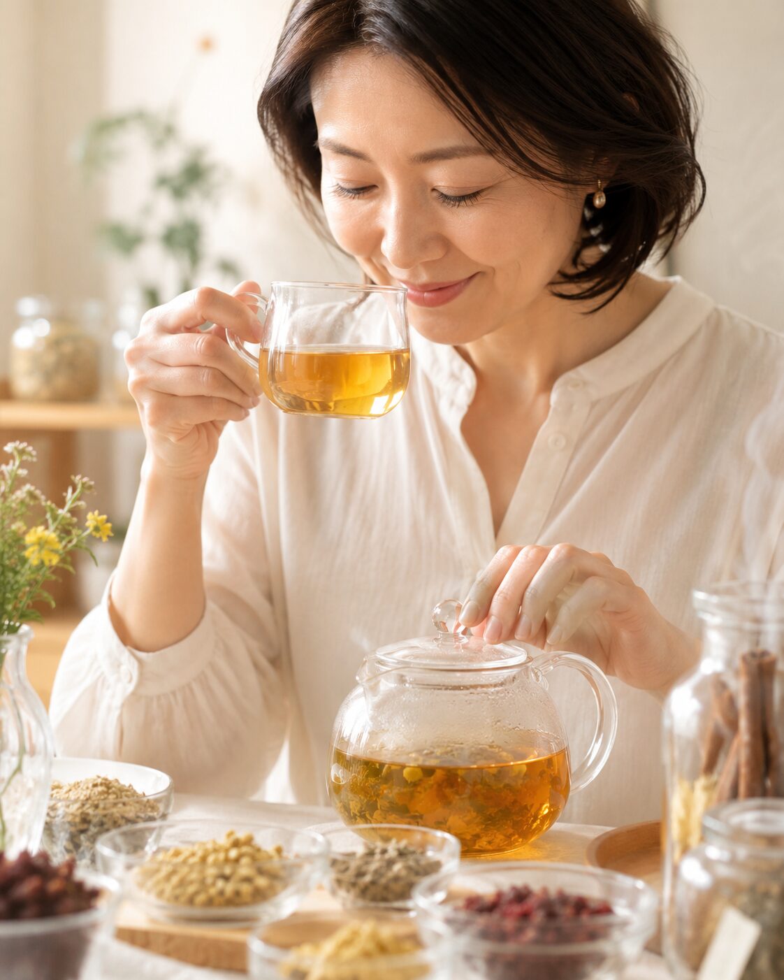 完成前のオリジナル薬膳茶をガラスカップでテイスティングする女性