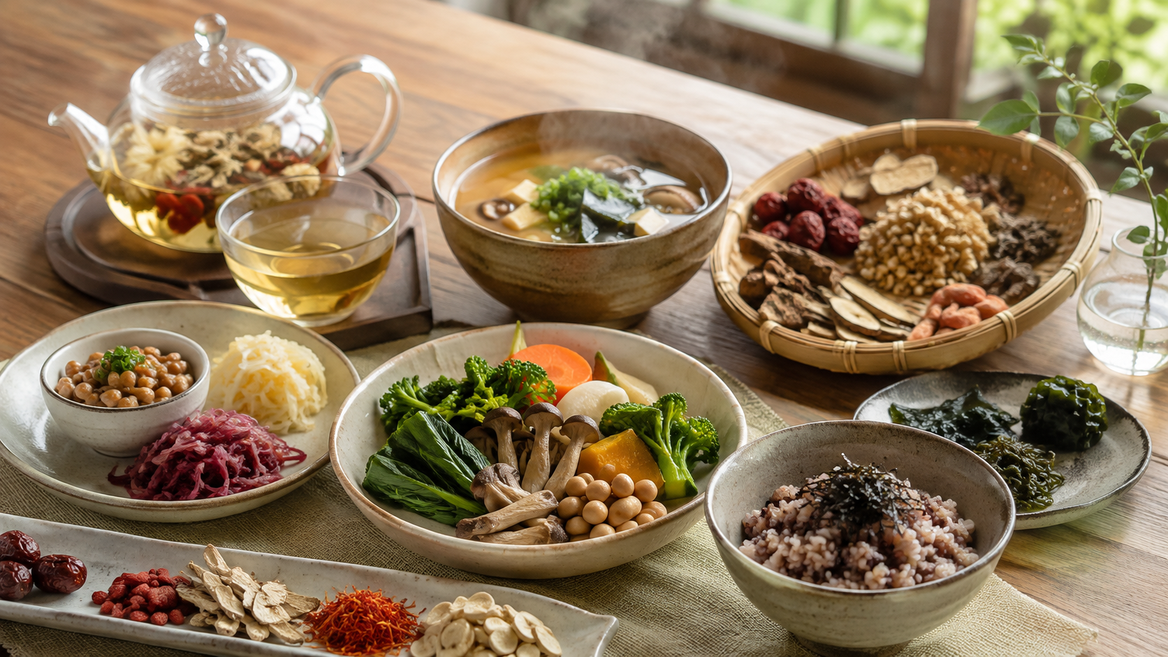 漢方・薬膳・腸活を表現した生薬、薬膳茶、発酵食品、野菜、海藻、きのこ、味噌汁
