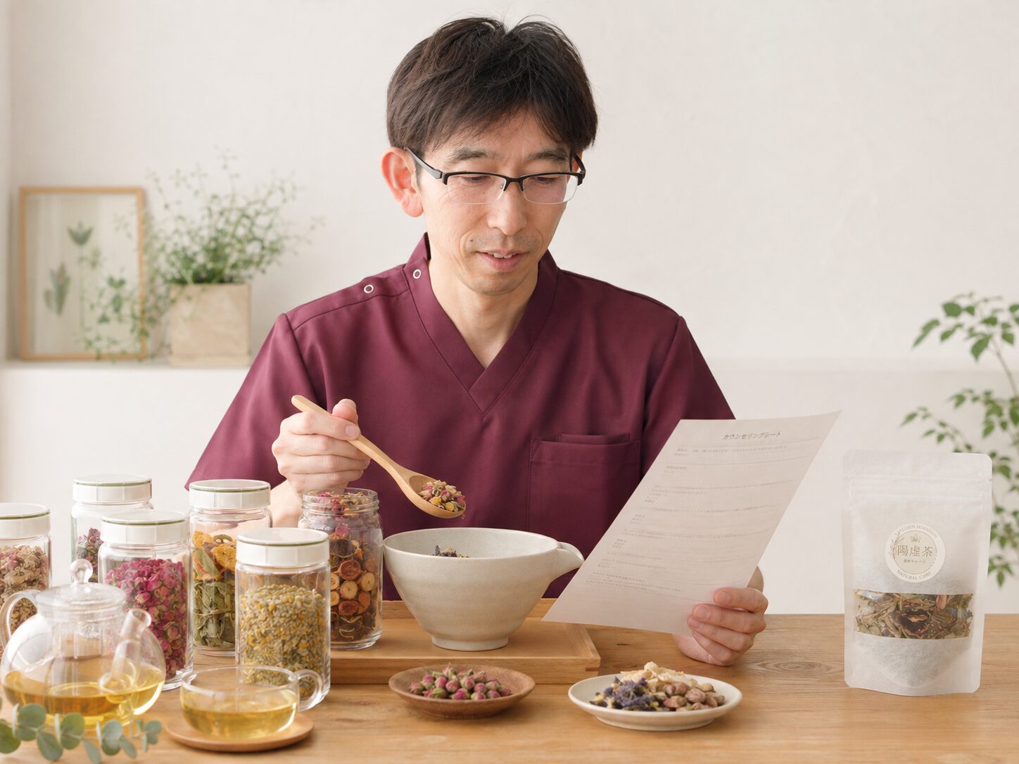 薬剤師が問診内容を確認しながらオリジナル薬膳茶をブレンドする様子
