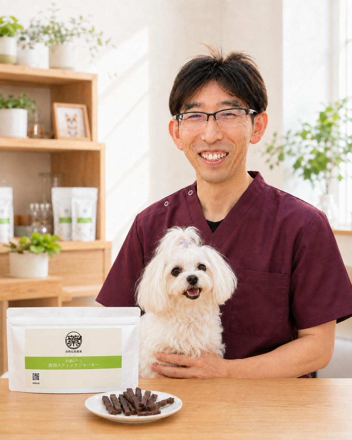 ほどよい堂で愛犬と和漢鹿肉スティックジャーキーを紹介するペットフーディスト