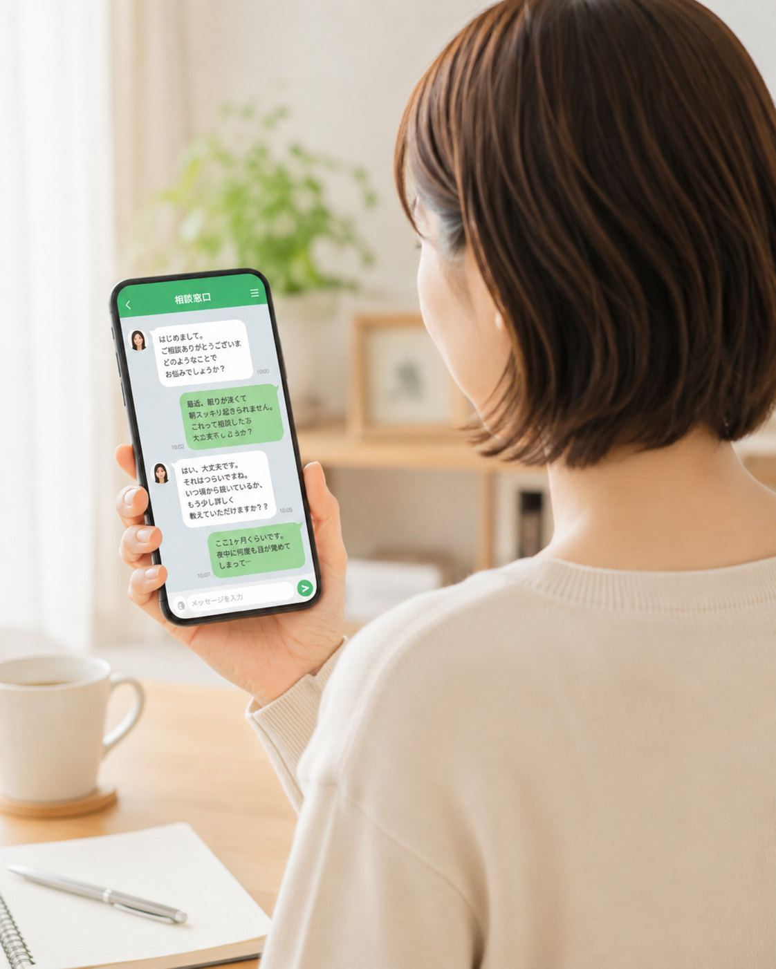 自宅からスマートフォンでLINE漢方相談を利用する女性のイメージ