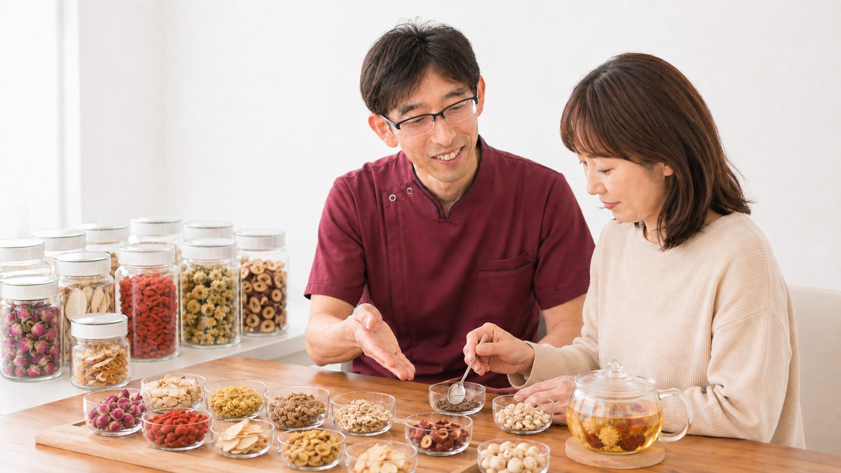 薬剤師のサポートを受けながら自分好みの薬膳素材を選ぶ薬膳茶づくり体験