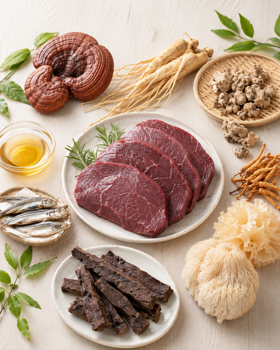 鹿肉と和漢植物やキノコ類を組み合わせた素材イメージ