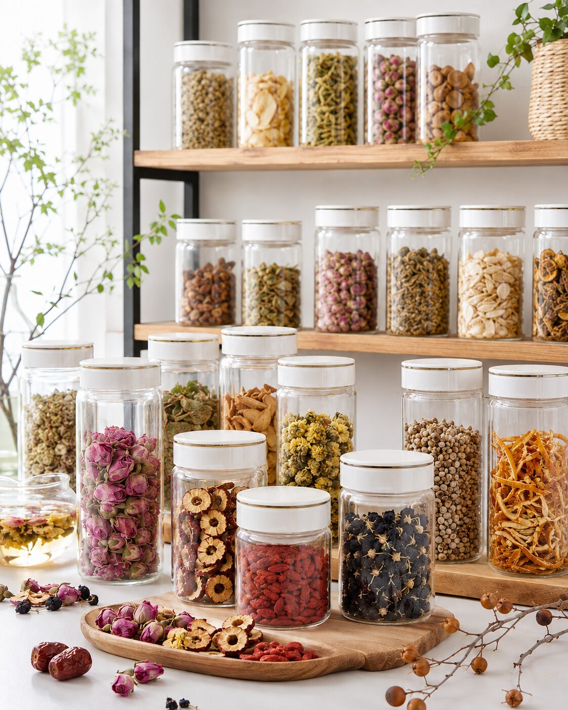 花や葉や穀物など37種類の薬膳茶素材から自分好みのブレンドを選ぶほどよい堂の薬膳茶工房