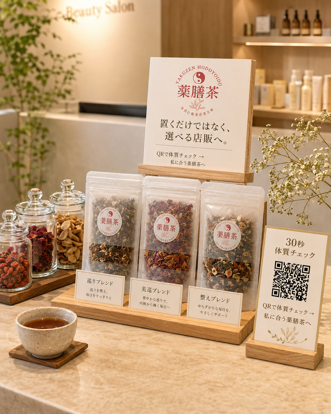 サロン店頭に薬膳茶と体質チェックQRコードを設置したイメージ