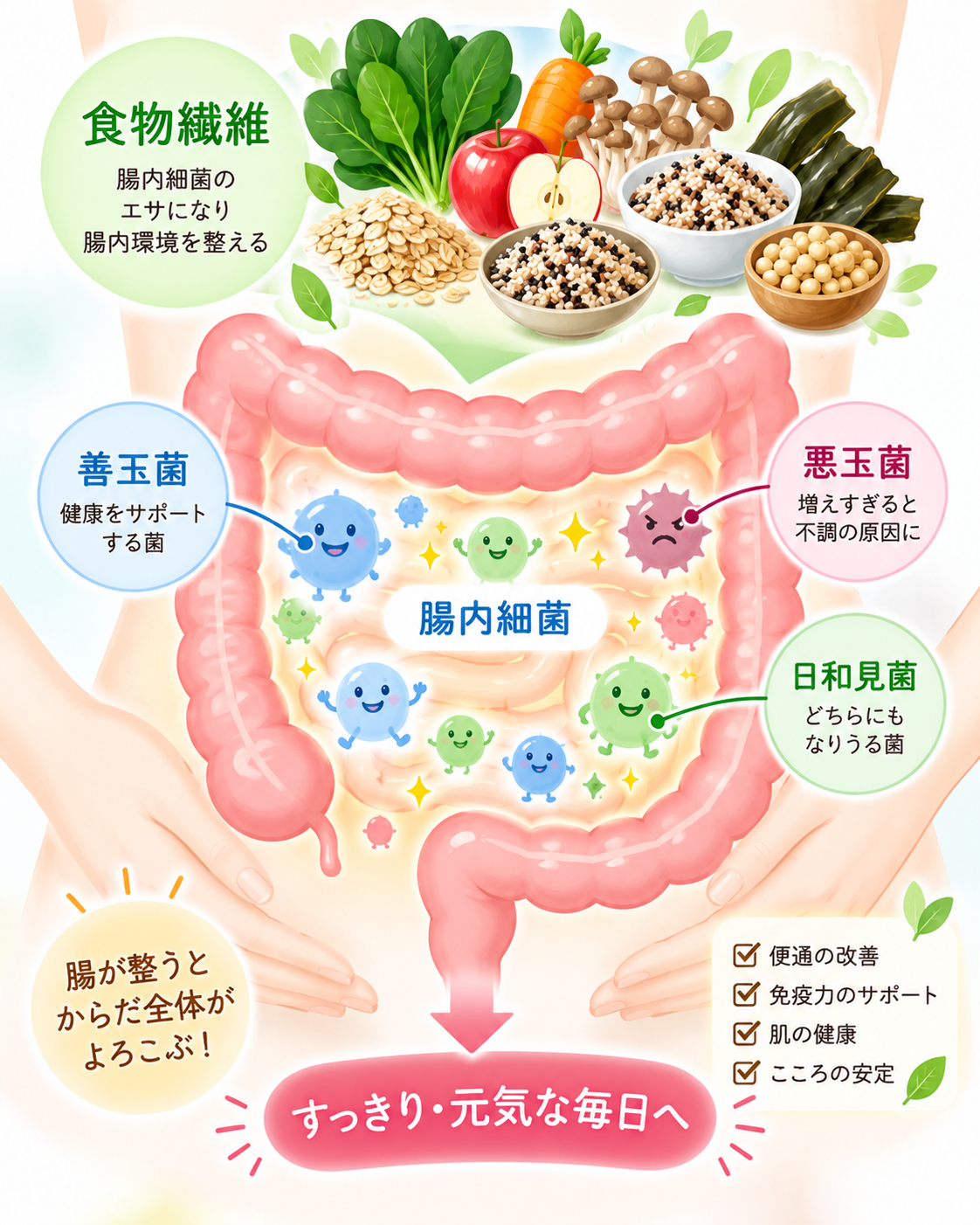 腸内細菌・善玉菌・食物繊維の関係を示す腸活イメージ