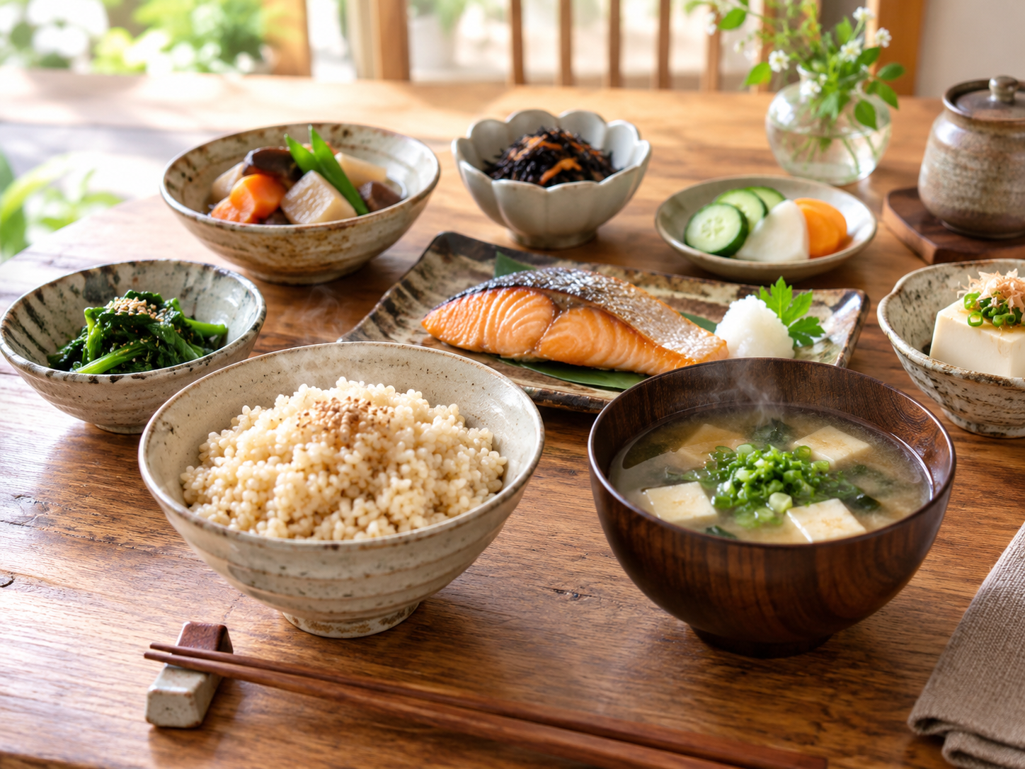 玄米・味噌汁・豆・海藻・野菜を取り入れた薬膳と腸活の和食