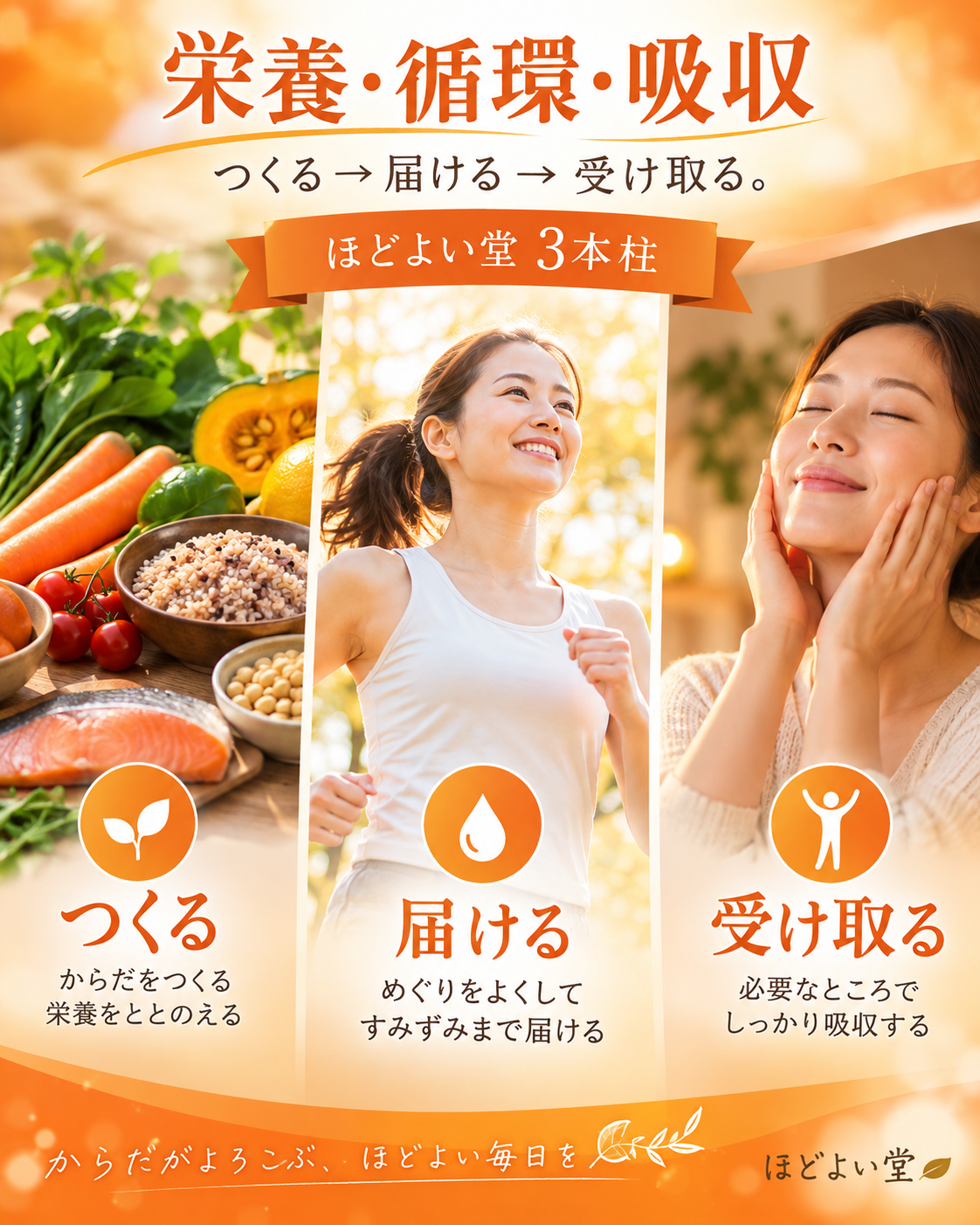 栄養・循環・吸収の3本柱で考えるほどよい堂の腸活